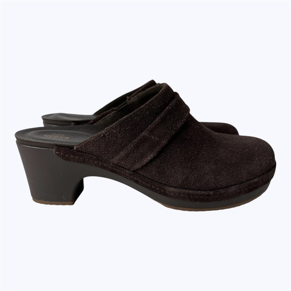 Crocs Sarah Suede Clogs Brown Chunky Heel Slip On Mule Comfort 203415 Womens 9